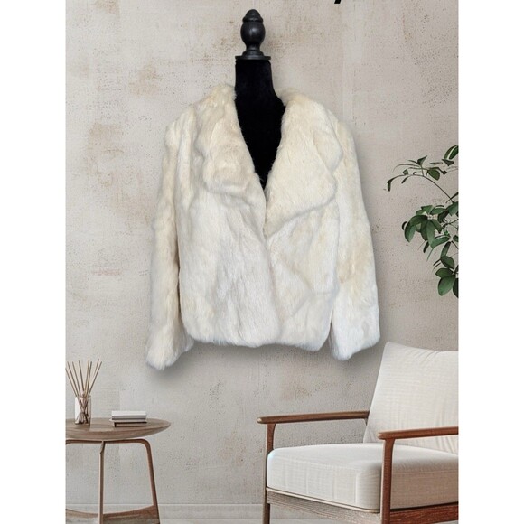 VTG Kamal Furs NWT Fluffy White Rabbit Fur Jacket Satin Lined Pockets Size L - Picture 1 of 13